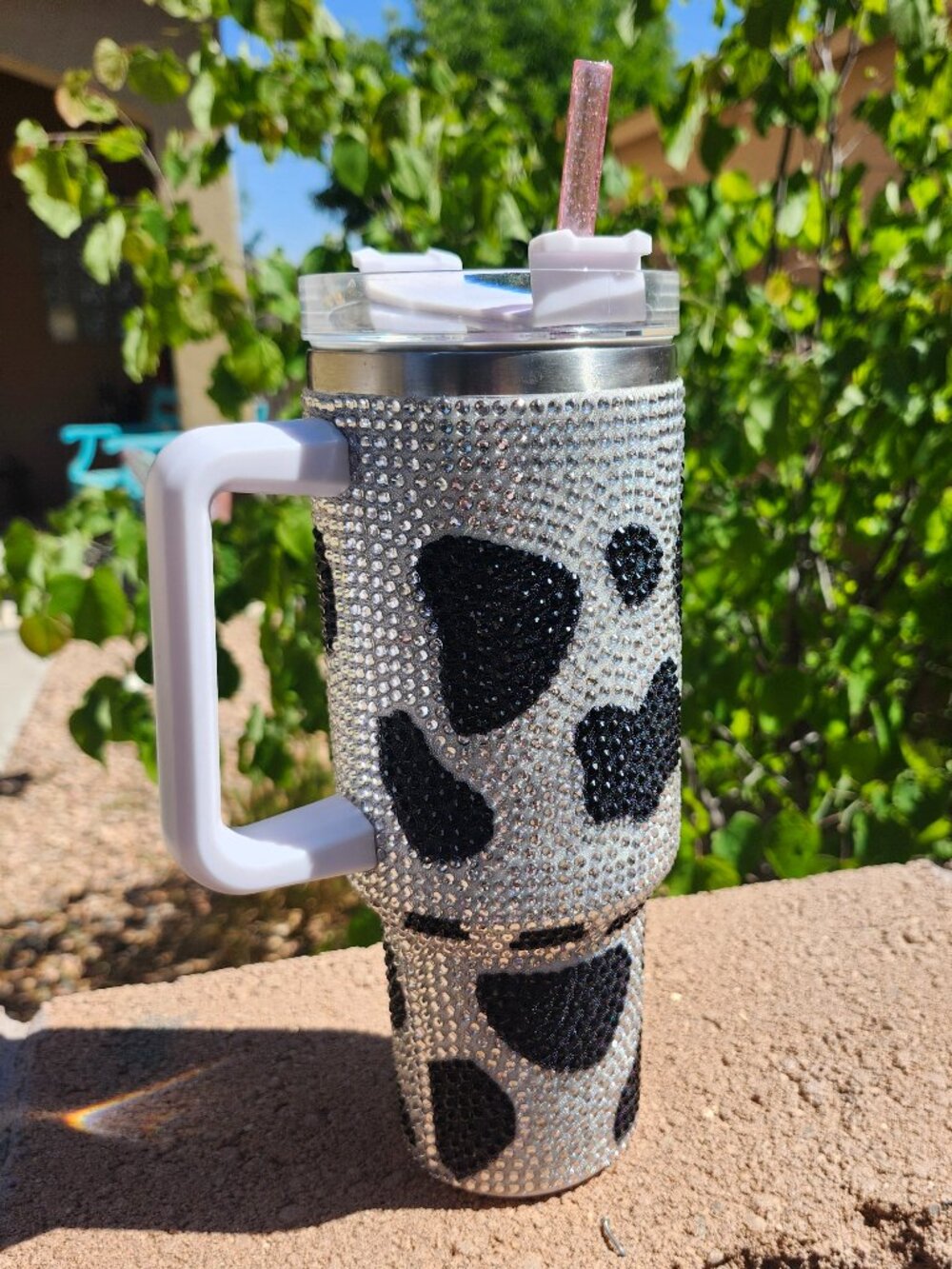 40oz Rhinestone Cow Print Tumbler Black w/Straw-Lid -Handle Bling Bling.